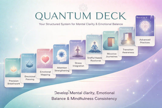 Quantum Deck cards with various benefits on a gradient background