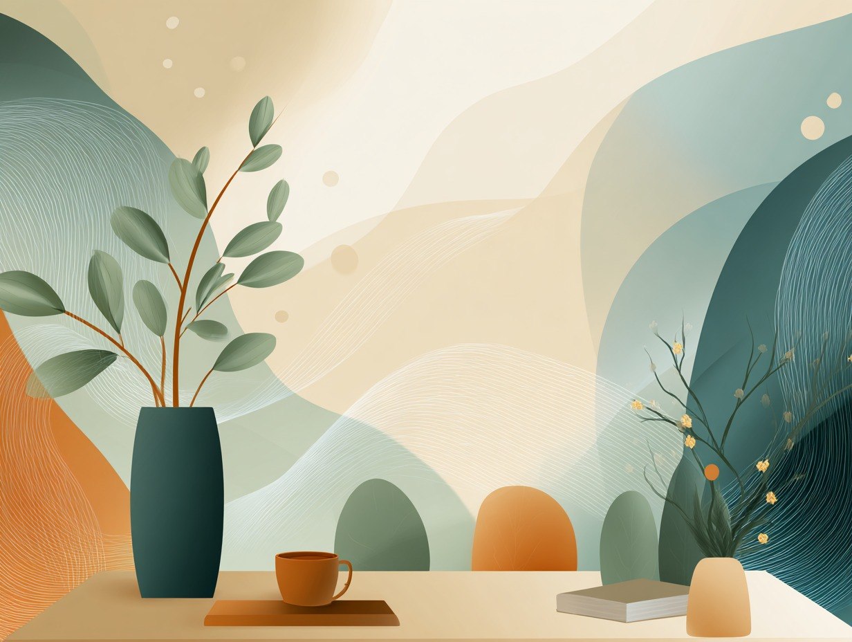 Decorative scene with a vase, cup, and books on a table against a stylized landscape background.