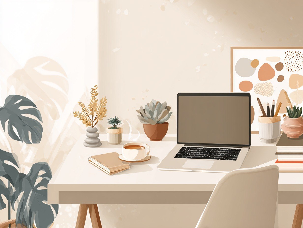 Home office desk with laptop, plants, and decor items.