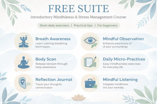 Free mindfulness and stress management course outline with icons and descriptions on a light blue background.