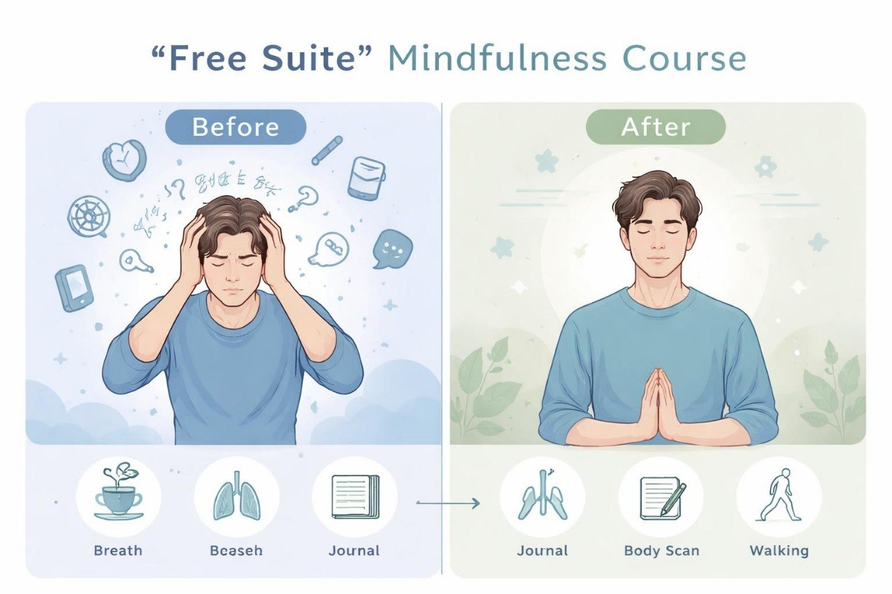 Before and after illustration of a person practicing mindfulness with icons below.