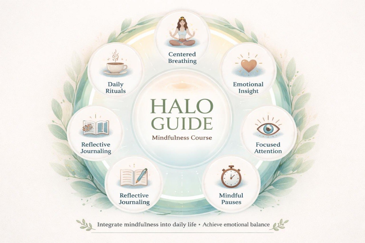 HALO Guide Mindfulness Course diagram with icons and text on a white background