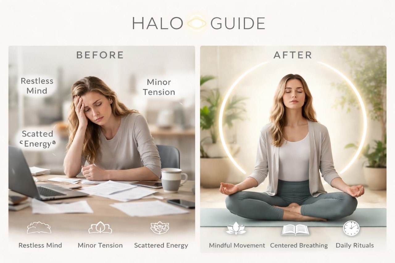 Before and after comparison of a woman's mental state improvement with 'Halo Guide' interventions.