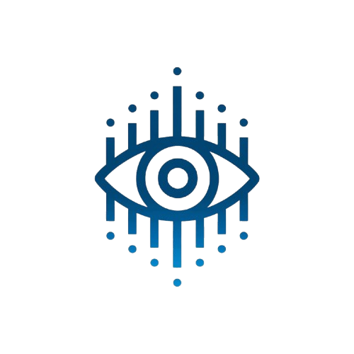 Blue digital eye icon on a white background