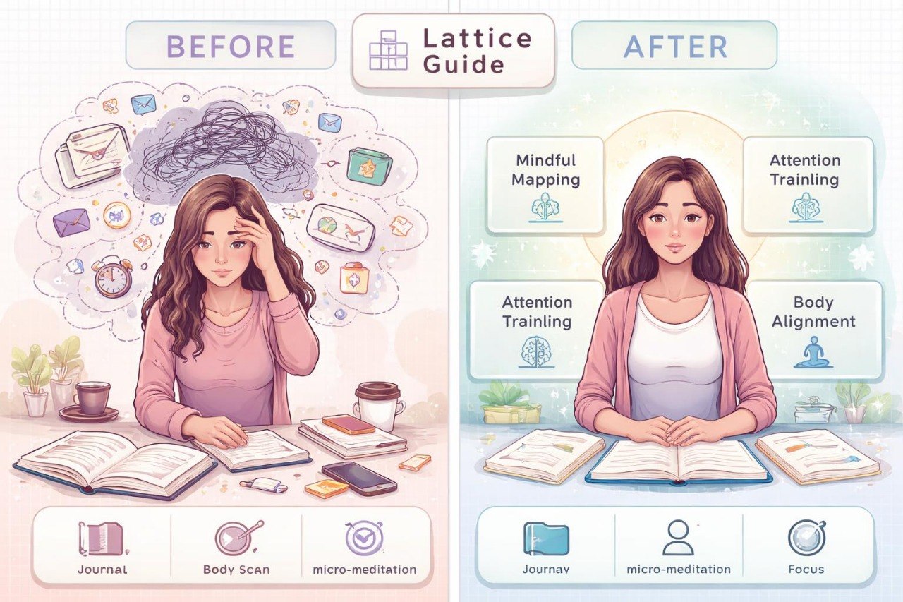 Illustration of a woman before and after using a Lattice Guide for mindfulness and attention training.