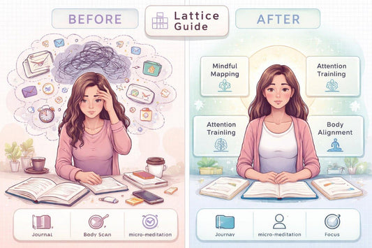 Illustration of a woman before and after using a Lattice Guide for mindfulness and attention training.