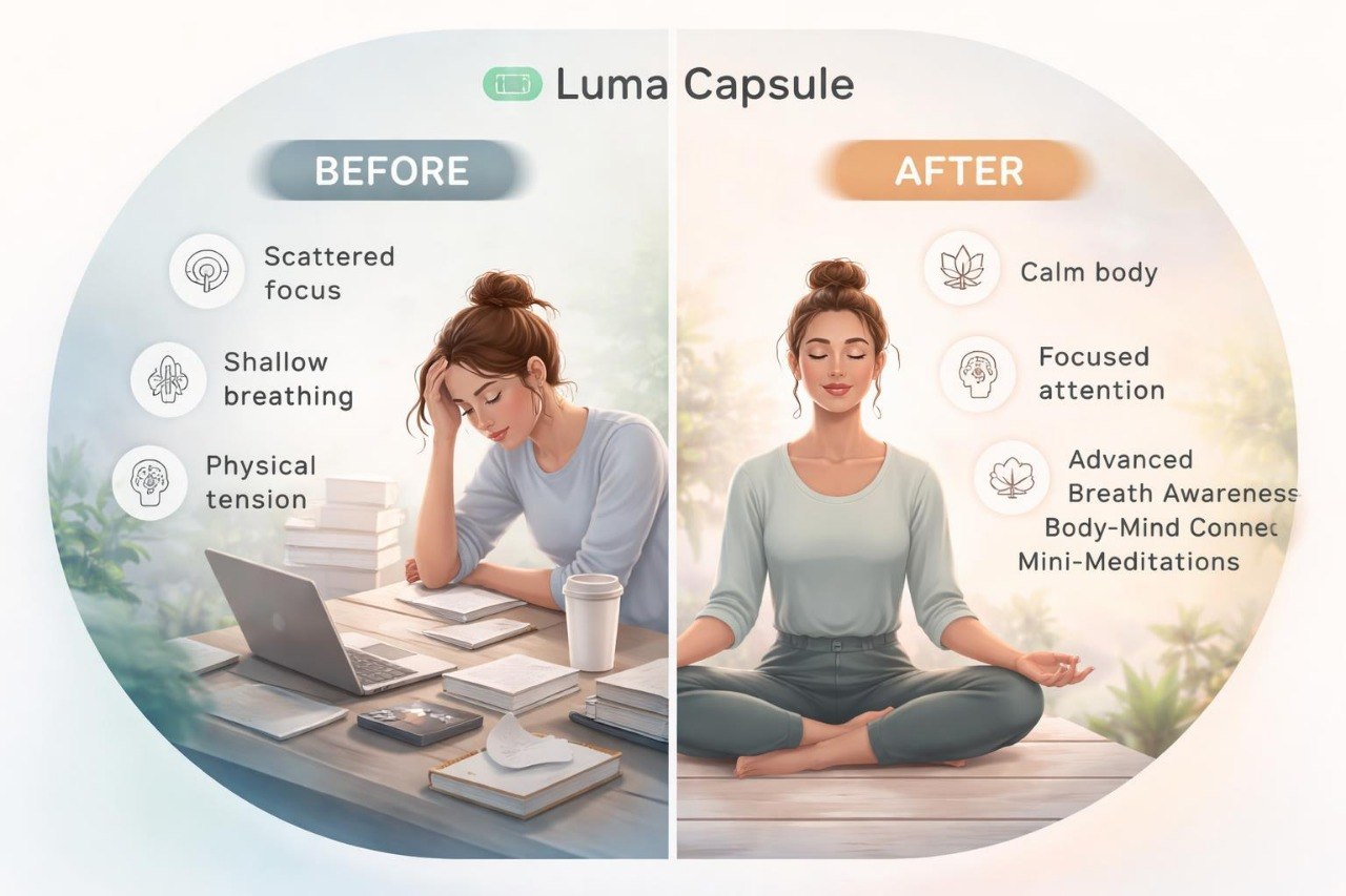 Before and after comparison of a person using Luma Capsule, showing improved focus and calmness.