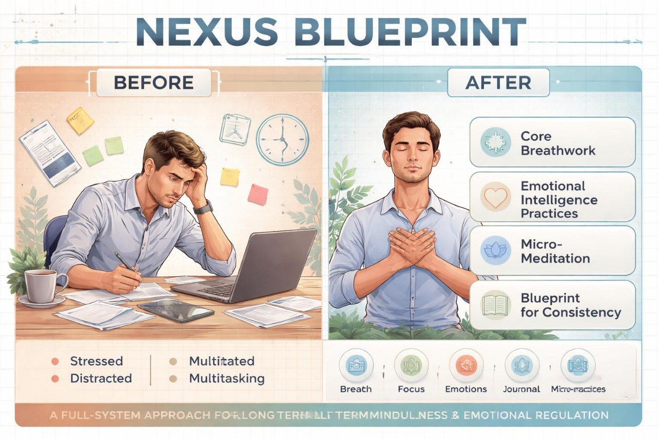 Before and after comparison of a person's life changes with 'Nexus Blueprint' interventions.