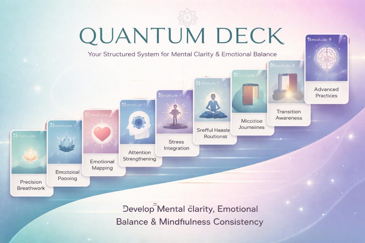 Quantum Deck cards with various benefits on a gradient background