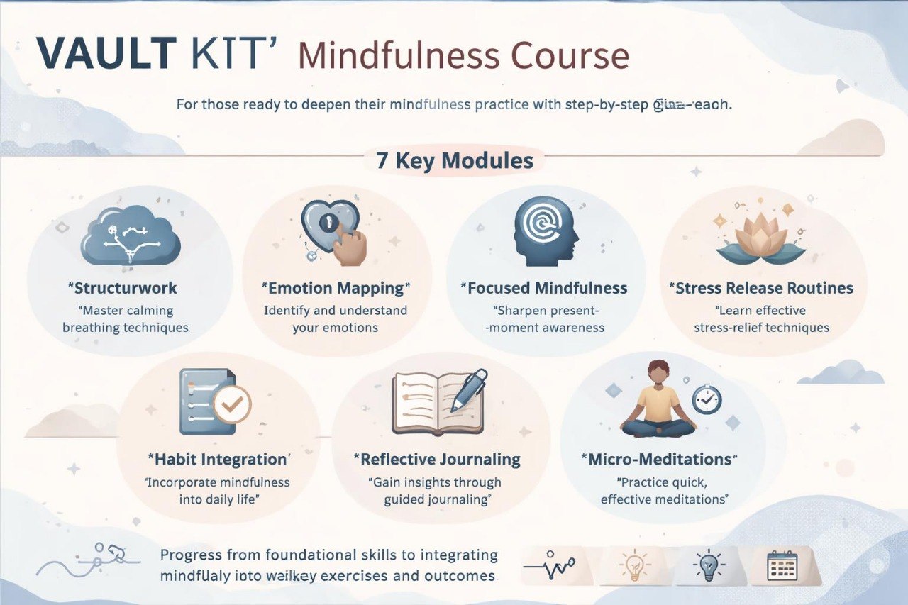 VAULT KIT Mindfulness Course overview with 7 key modules on a white background