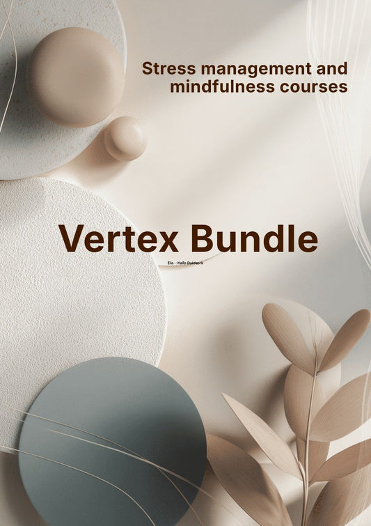 Advertisement for stress management and mindfulness courses with abstract shapes and leaves on a light background.