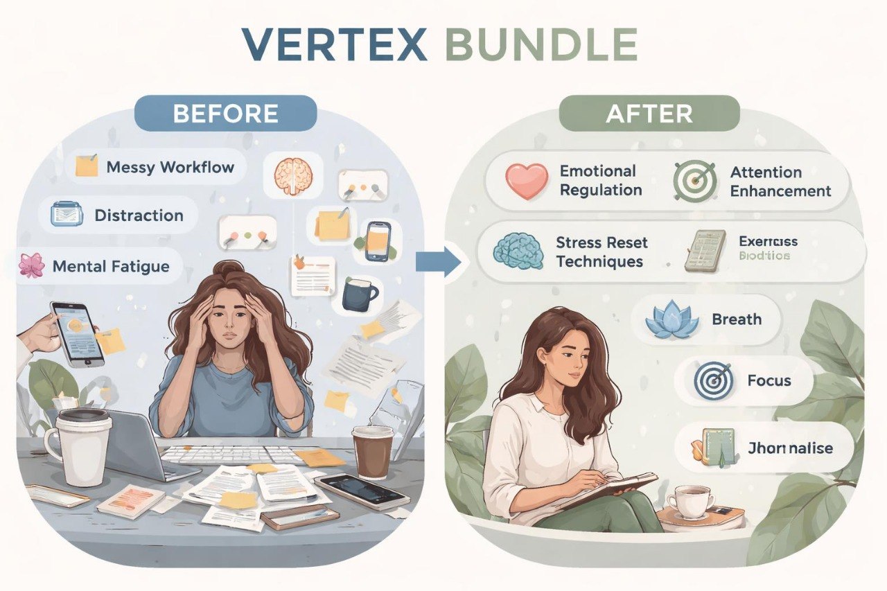 Illustration showing a before and after comparison of a person's productivity with the Vertex Bundle.